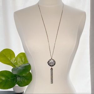 Silver-Tone Crystal Vintage Inspired Locket With Tassle